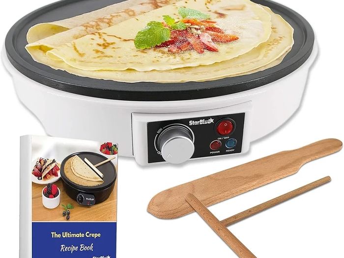 30.5cm Electric Pancake & Crepe Maker by StarBlue with FREE Recipes e-book and Wooden Spatula - AC 220-240V 50/60Hz 1000W, UK Plug, Europe Adapter Included