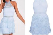 Prettylittlething Raine Dusty Blue Lace Panel Tiered Bodycon Dress