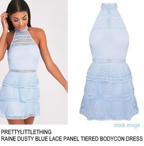 Prettylittlething Raine Dusty Blue Lace Panel Tiered Bodycon Dress