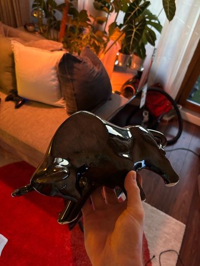 Modern Glossy Black Bull Figurine, Statement Decor Piece