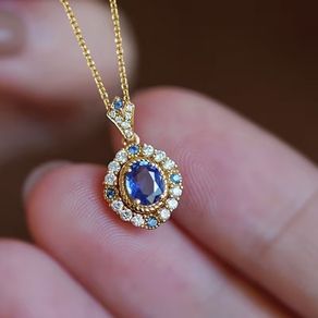 Blue Stone Crystal Gold Tone Pendant Necklace