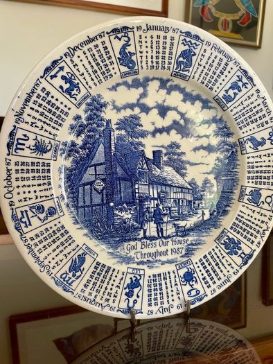 Vintage 1987 Calendar Plate English Blue and White Ironstone Rustic Wall Decor Retro Gift