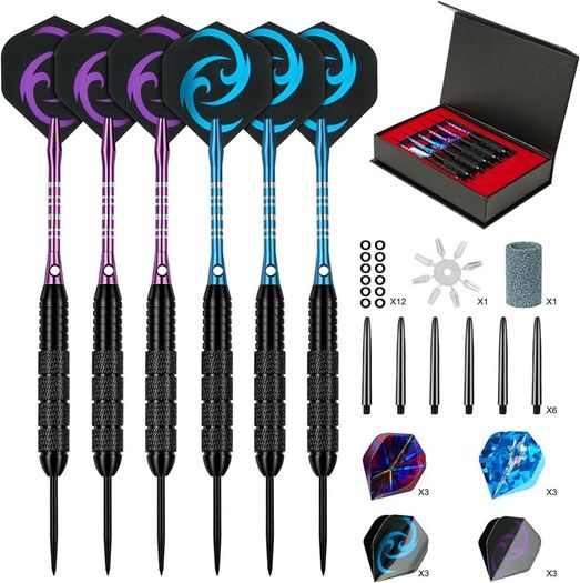 Steel Darts Set, Professional 23g Darts Tip with Non-Slip Stainless Steel Shaft, Poly Flights, PVC Shafts, Dart Sharpener, Rubber Rings, Flight Protecter, with Gift Box