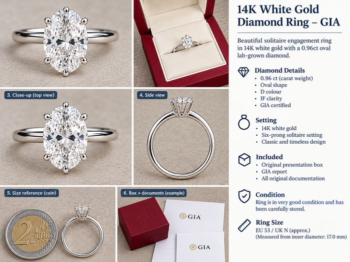 0.96ct Oval Lab-Grown Diamond Ring - D Colour - GIA - 14K White Gold