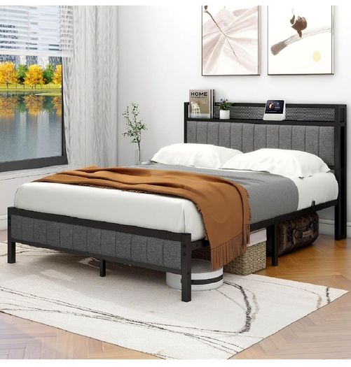 King Size Bed Frame with Storage and Headboard Shelf