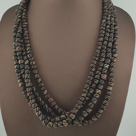 Vintage African Style MultiColor Stripe Black 7mm-8mm Glass Beads Necklace Strand