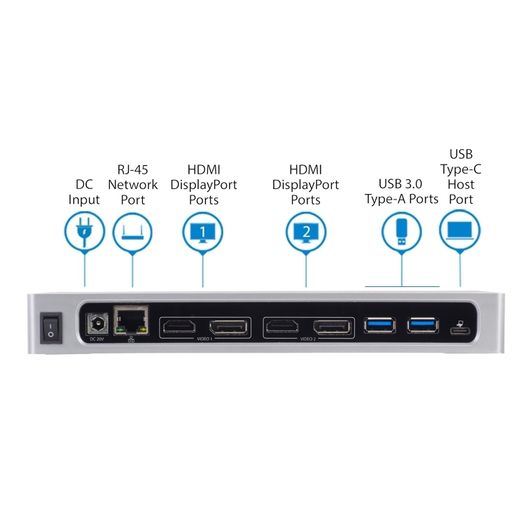 StarTech.com Dual 4K Docking Station - USB C and A (3.0) - Dual Monitor DisplayPort + HDMI Dock for Mac & Windows Laptops (DK30A2DH) , Black, Silver