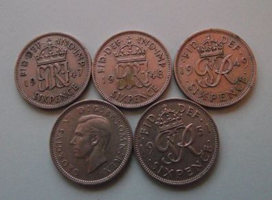 Great Britain. George VI. 9 coins@6 pence Run of the years (1947-1951)
