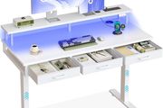 Electric Standing Desk 120 x 54cm Height Adjustable with 3 Drawers RGB LED Strip Charging Station for Home Office Computer Workstation Table Monitor Stand White
