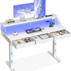 Electric Standing Desk 120 x 54cm Height Adjustable with 3 Drawers RGB LED Strip Charging Station for Home Office Computer Workstation Table Monitor Stand White