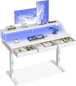 Electric Standing Desk 120 x 54cm Height Adjustable with 3 Drawers RGB LED Strip Charging Station for Home Office Computer Workstation Table Monitor Stand White