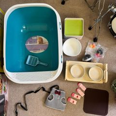 Cat supplies litter tray and pet bowls