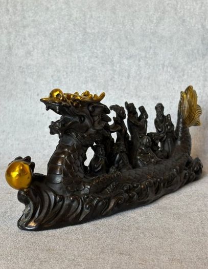 Antique Eight Immortals Dragon Boat - Patinated Bronze, Gold Accents, Signed