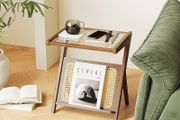 Rattan Side Table Boho NightStand Mid Century Modern End Table Glass Bedside Table Small End Tables Bamboo Coffee Table with Storage Record Player Stand for Living Room Bedroom