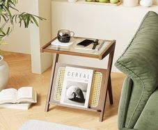 Rattan Side Table Boho NightStand Mid Century Modern End Table Glass Bedside Table Small End Tables Bamboo Coffee Table with Storage Record Player Stand for Living Room Bedroom