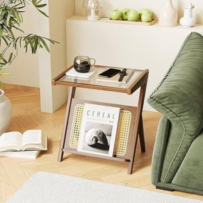 Rattan Side Table Boho NightStand Mid Century Modern End Table Glass Bedside Table Small End Tables Bamboo Coffee Table with Storage Record Player Stand for Living Room Bedroom