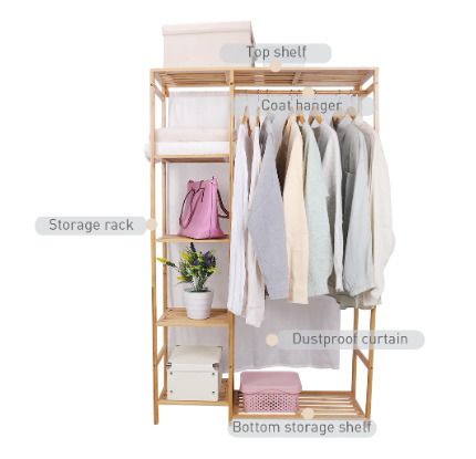BRAND NEW Bamboo Wood Clothing Garment Rack with Shelves Clothes Hanging Rack
