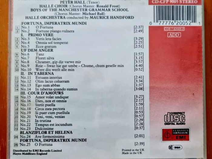 CD - Carl Orff - Carmina Burana. Sheila Armstrong Brian Rayner Cook, Peter Hall, VG condition.