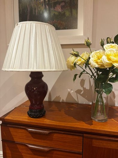 Please Check Photos- Mid Century Oxblood glazed Ginger Jar Table Lamps (2)  with off white pleated empire shade