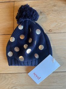 Seed Heritage Navy & gold metallic cotton beenie hat Sz S/M BNWT