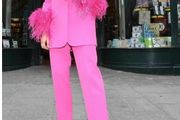 Zara Iconic Fuchsia Pink Blazer and Trousers Suit Set with Statement Feather Cuffs