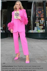 Zara Iconic Fuchsia Pink Blazer and Trousers Suit Set with Statement Feather Cuffs