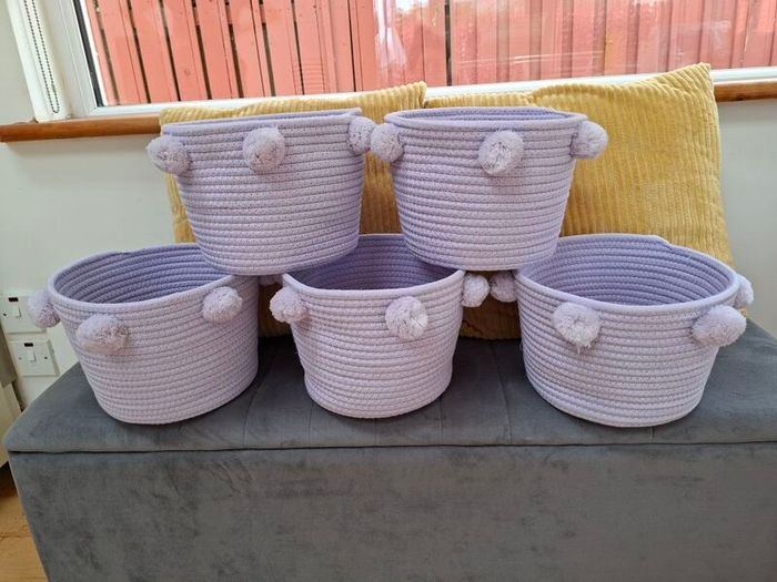 5 X Lilac Pom Pom Storage Baskets