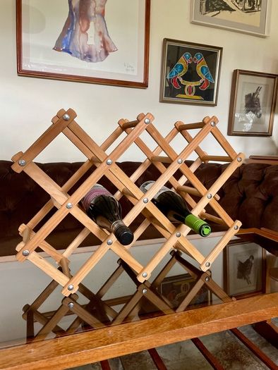 Vintage Wooden Accordion 8 Bottle Wine Rack Brass Rivets Countertop Wood Rustic Cottagecore Old Country Farmhouse