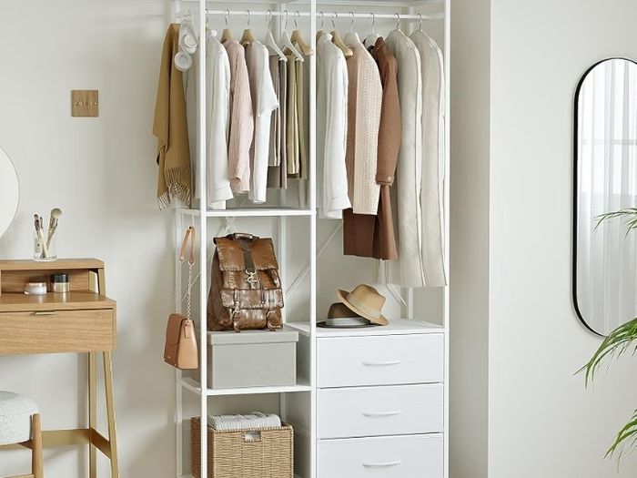 Wardrobe with 3 Drawers White  easy assembly Wood Top Steel Frame Ultimate Storage sturdy Multifunctional System