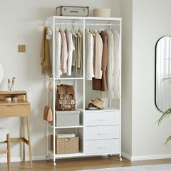 Wardrobe with 3 Drawers White  easy assembly Wood Top Steel Frame Ultimate Storage sturdy Multifunctional System