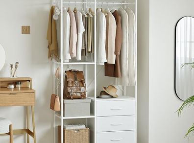 Wardrobe with 3 Drawers White  easy assembly Wood Top Steel Frame Ultimate Storage sturdy Multifunctional System