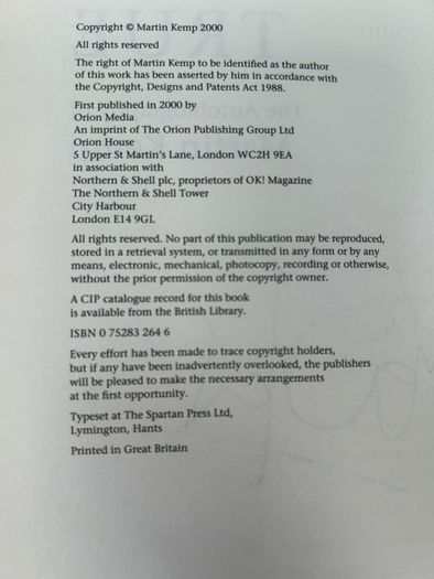 Signed Martin Kemp TRUE Autobiography, Spandau Ballet, Genuine Signature, HB