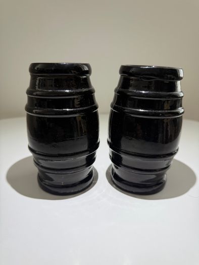 Pair of Antique Victorian Black Glass Barrel Jars (c. 1850s)