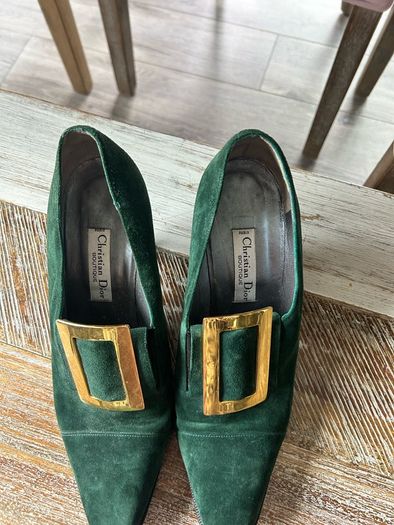 Vintage Christian Dior green heels with gold buckle