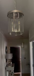 Pair of ceiling pendants in glass and chrome