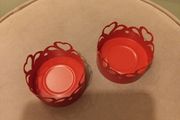 2 x red metal heart themed tea light holders