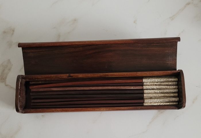 Vintage mother of pearl inlaid chopsticks box set