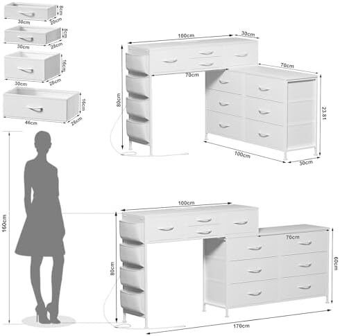 170cm Chest of Drawers with Charging Station and LED Light, Rotatable Dressing Table with 10 Fabric Drawers and Side Pockets, Modern Makeup Vanity Desk Home Office Desks, White