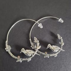 Cottagecore Birds on Branch Earrings Hoop Earrings Silver Tone Bohemian Nature
