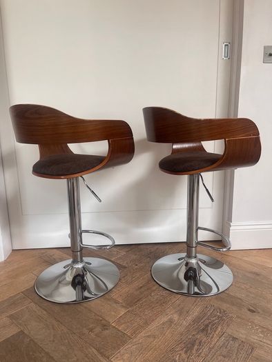KARE Design Monaco Bar Stools, Pair, Walnut & Chrome, Adjustable