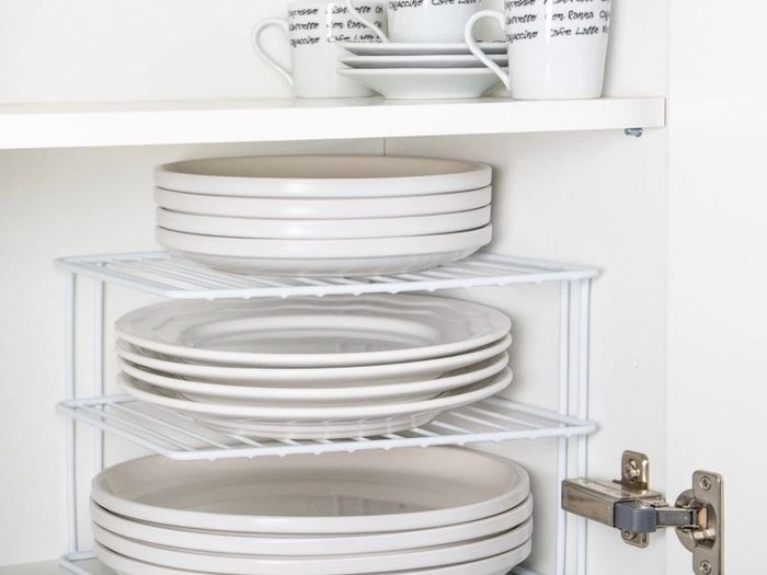 Corner Plate Rack For Kitchen Cupboards | Square Add a shelf White Plate Stacker Organiser