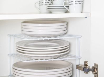 Corner Plate Rack For Kitchen Cupboards | Square Add a shelf White Plate Stacker Organiser