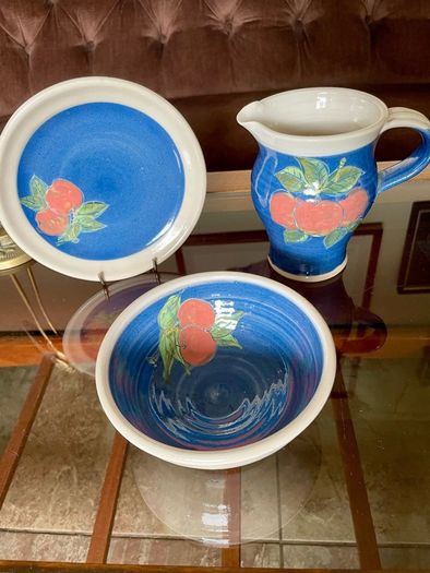 Vintage R and J Forrester Bandon Pottery Ireland Jug Sugar Bowl Plate Cobalt Blue Fruits Design