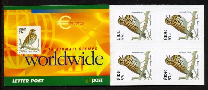2002 Ireland Song Thrush Self-Adhesive (SA) Definitive Stamp Booklet Mint Never Hinged (MNH). Biberninan HB99