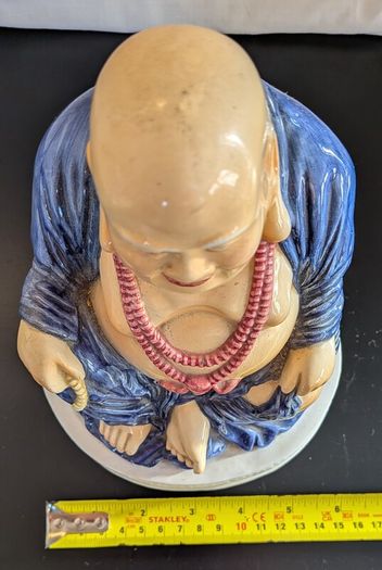 Ceramic Laughing Buddha Lamp Base Blue Robe Budai Hotei Vintage 20cm