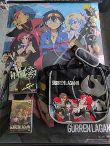 gurren lagann simon's core proplica figurine, full series dvd set, messenger bag, wall scroll