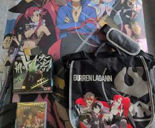 gurren lagann simon's core proplica figurine, full series dvd set, messenger bag, wall scroll
