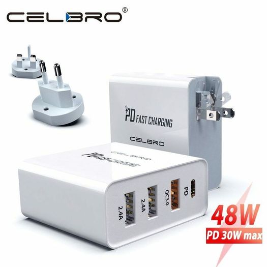 CELBRO QC 3.0 & PD/QC4.0 USB 4 Ports Wall Fast Charger 48W [2 Power Plugs (US/UK)] (Brand New/Warranty)