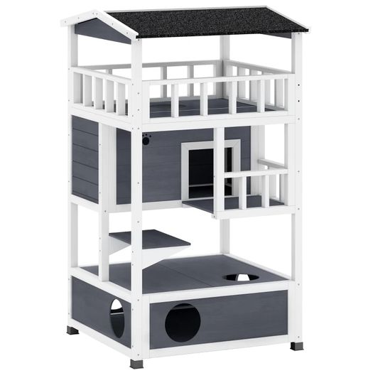 Wooden Cat House Den 3-Tier Outdoor Kitten Shelter Lodge w/ Tilted Roof Terrace Jump Step Bottom Tray Elevated Base Waterproof Paint 140 x 78 x 76cm Grey