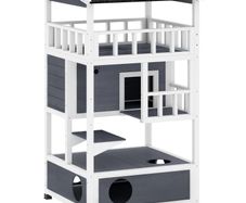 Wooden Cat House Den 3-Tier Outdoor Kitten Shelter Lodge w/ Tilted Roof Terrace Jump Step Bottom Tray Elevated Base Waterproof Paint 140 x 78 x 76cm Grey